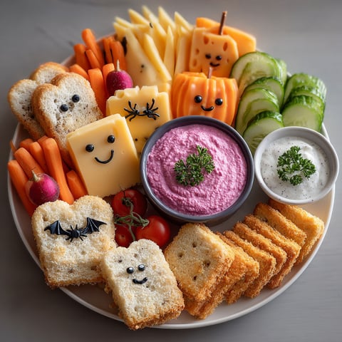 A plate of food with a variety of items including bread, cheese, tomatoes, carrots, and cucumbers.