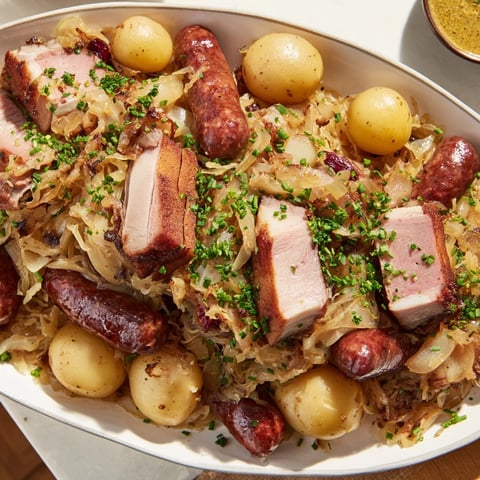 Grand plateau de choucroute garnie alsacienne, choucroute acidulée, viandes fumées, arôme chaleureux d'hiver.