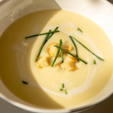 Bol crémeux de velouté de poireaux et pommes de terre, garni de ciboulette verte.