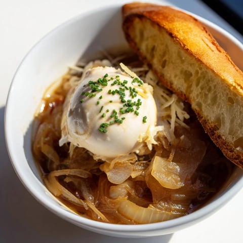 Vegan French Onion Rebel Float served in a clear bowl, topped with cashew ice cream.  