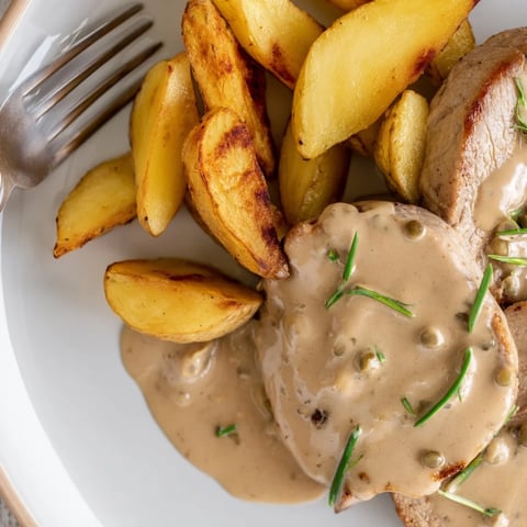 Médallions de porc tendres avec une sauce crémeuse à la moutarde de tarragon, servis avec des frites dorées.