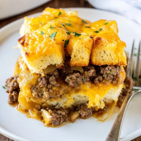 Casserole de boeuf et cheddar à l'oignon français, dorée et savoureuse, prête à servir.  
