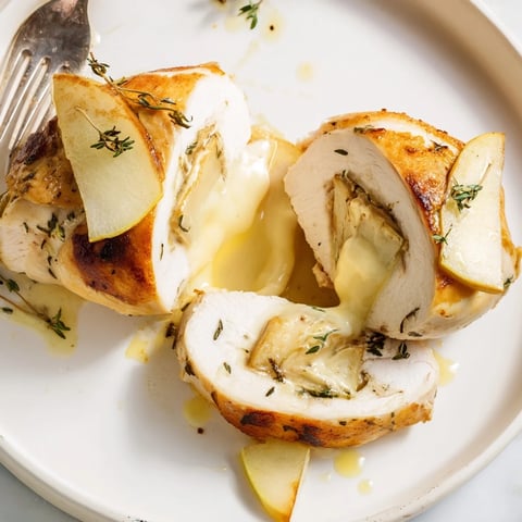 Poitrine de poulet farcie au Brie et aux pommes, servie joliment dorée, crémeuse et délicieuse.  