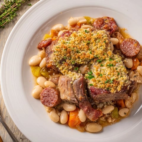 Casserole paysanne au cassoulet, riche en saveurs, garnie de croûte dorée.  
