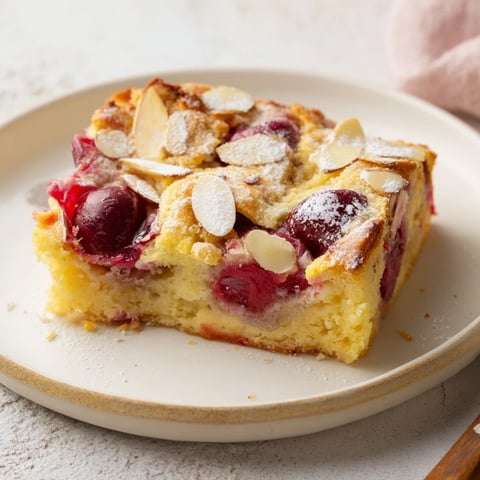 Clafoutis aux cerises sur un plateau, tendre et doré avec des fruits juteux.