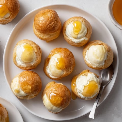 Petits choux sucrés fourrés avec une crème pâtissière au miel et vanille.