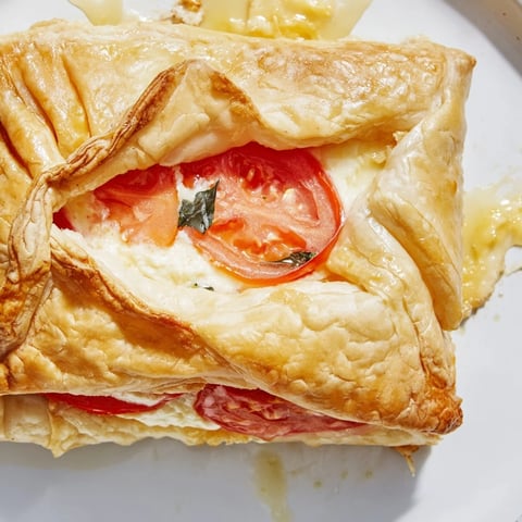 Parcels de tomate savoureux dorés, garnis de fromage crémeux et herbes aromatiques.