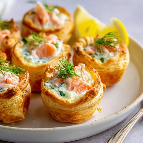 Coquilles de pâte feuilletée dorées avec crème de saumon fumé, parfaites pour l'apéritif.