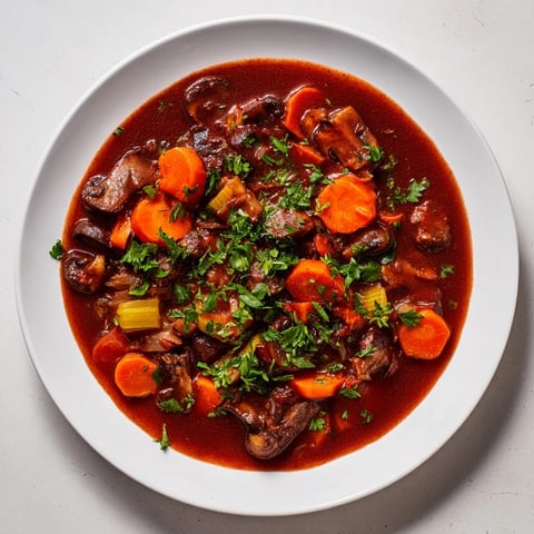Hearty Mushroom Bourguignon with rich, savory broth and tender mushrooms, perfect for a cozy dinner.