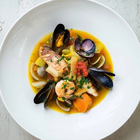 Golden, steaming bowl of bouillabaisse, showcasing the fresh seafood and citrus garnish.