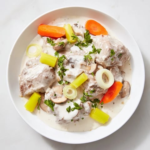 Tender Blanquette de Veau with kaffir lime leaves, creamy sauce, and fresh parsley garnish.