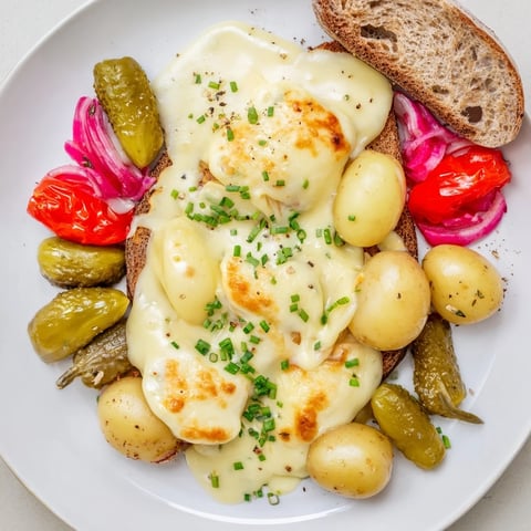 A Raclette Board overflowing with molten cheese, global pickles, cured meats, and crusty bread.
