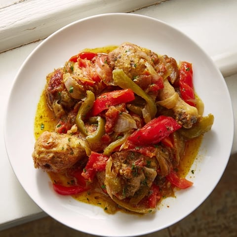 A hearty Poulet Basquaise, showcasing tender chicken in a rich tomato and pepper stew.