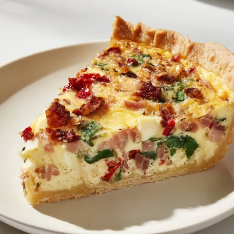 A golden, baked Quiche Lorraine Remix, with visible sun-dried tomatoes and bubbling cheese.