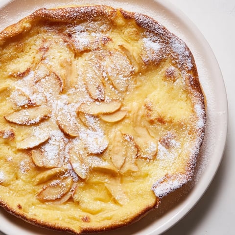 Warm, golden Apple or Pear Clafoutis, showcasing tender fruit in a creamy, baked custard.