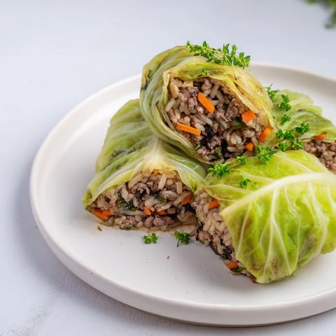 Image of Light Chou Farci:Cabbage rolls filled with savory meat, baked in a rich broth, a classic French dish.