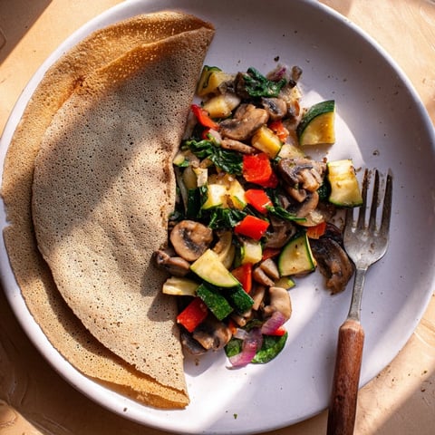 Hearty Simple Buckwheat Galette filled with colorful sautéed vegetables, perfect for a vegetarian brunch.