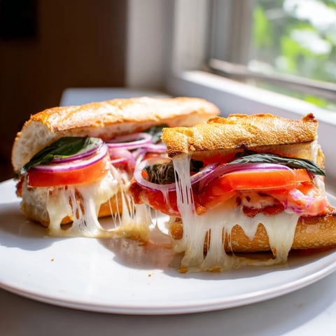 Golden, cheesy, warm Hot Cheese & Tomato Baguette sandwich, with juicy tomatoes visible in layers.