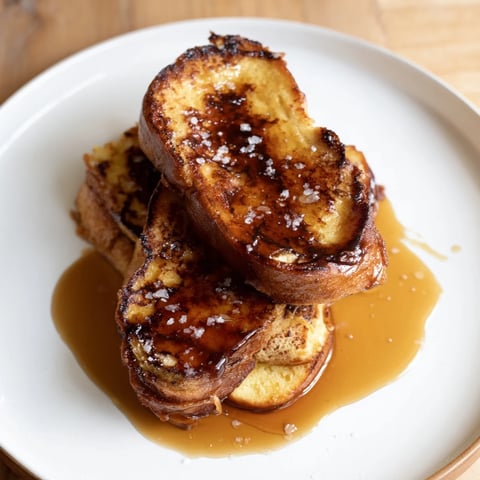 Golden, crisp Salted Caramel French Toast, drizzled with luxurious caramel, perfect for breakfast.