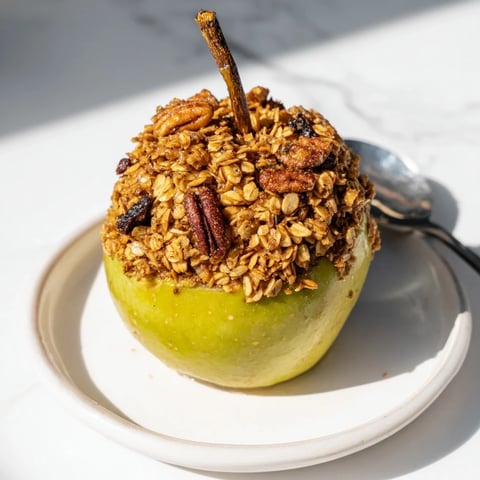 Golden baked apples with oats and honey, enticing warmth, ready to serve for dessert.
