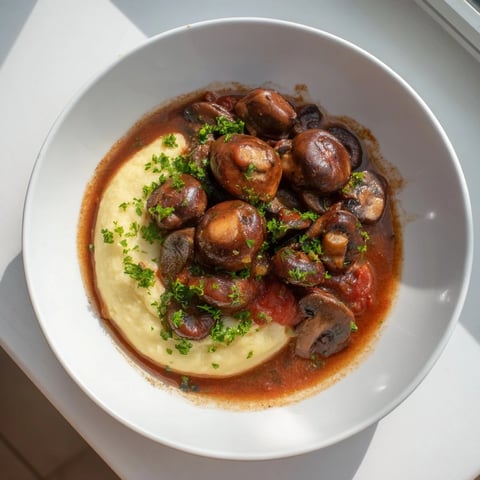 A hearty bowl of rich mushroom stew, savory aromas rising from the steaming vegetables.