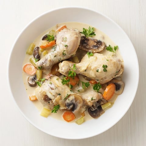 A creamy, one-pot Chicken Fricassee with tender chicken, vegetables, and a rich, white sauce.