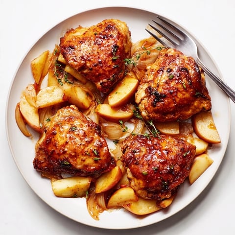 Golden Easy Cider-Glazed Chicken Thighs with apples, glistening with a sweet, tangy glaze, ready to serve.