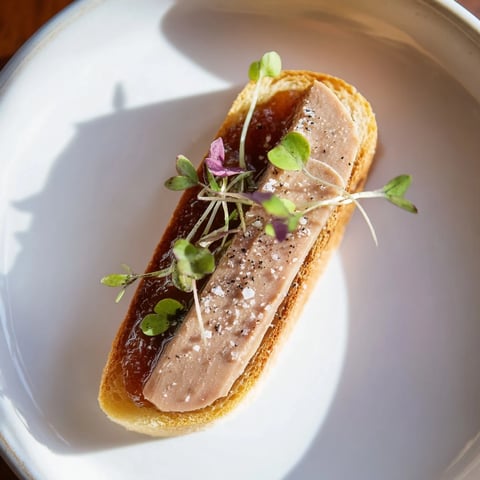 Golden-brown Express Foie Gras Crostini, topped with rich, creamy foie gras and sweet fig jam, ready to enjoy.