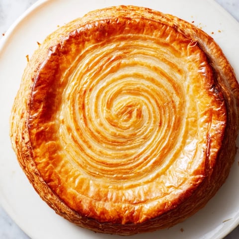 Golden-brown Air Fryer Galette des Rois, flaky and filled with almond cream, ready to serve.
