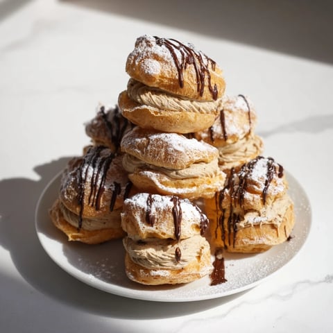 Quick Chestnut Cream Puff Tower: A decadent dessert with stacked cream puffs and rich, sweet chestnut cream.