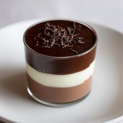 Rich, layered Express Pot de Crème aux Trois Chocolats, a creamy French dessert, ready to chill.