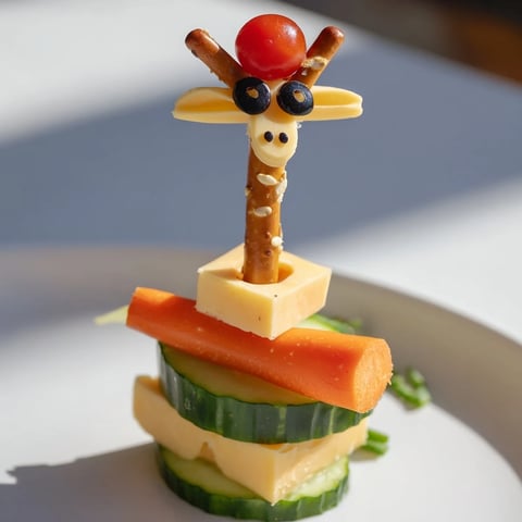 Long-Necked Giraffe Snack Tower: A fun, kid-friendly snack tower with colorful fruits, veggies, cheese.