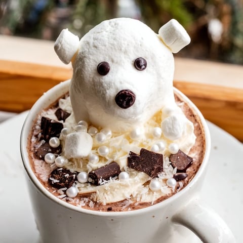 A steaming mug brimming with Polar Bear Hot Chocolate, topped with fluffy whipped cream and coconut.