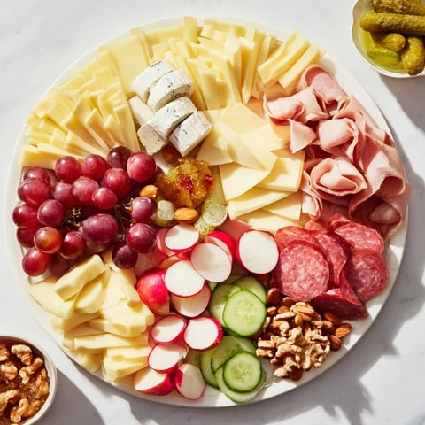 A beautifully arranged Cheval Heureux snack board overflowing with cheeses, meats, fresh fruits, and crackers.