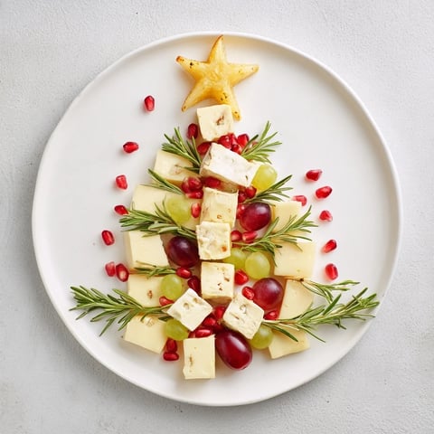 Festive Holiday Tree Appetizer Platter arranged with cheeses, fruits, and meats, a delicious holiday spread.