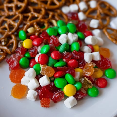 Festive Elf Snack Trail Mix board overflowing with colorful candies and crunchy pretzels, a holiday snack.