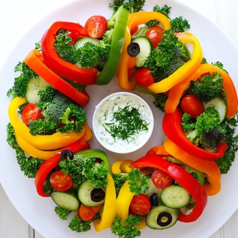 Vibrant Festive Bell Pepper Wreath appetizer, colorful peppers arranged as a holiday wreath alongside creamy veggie dip.