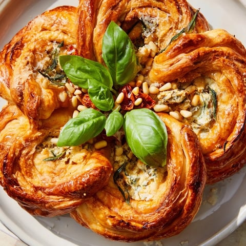 Golden-baked poinsettia puff pastry appetizer with sun-dried tomatoes, ready for a holiday spread.