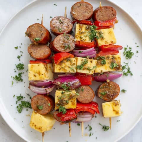 Savory Skewers: Chimney Stack Sausage and Cheese, smoky sausage, melting cheese and grilled veggies.