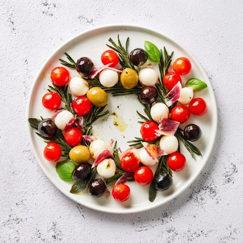 A vibrant appetizer wreath: olives, tomatoes, and mozzarella arranged in a ring.