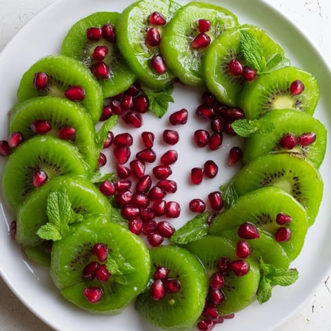 Kiwi and pomegranate Christmas wreath fruit plate with vibrant reds and greens, perfect for a healthy holiday appetizer.