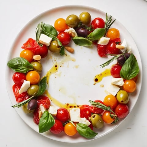 Vibrant Olive and Cherry Tomato Garland Board, showcasing colorful olives, tomatoes, and cheeses for snacking.