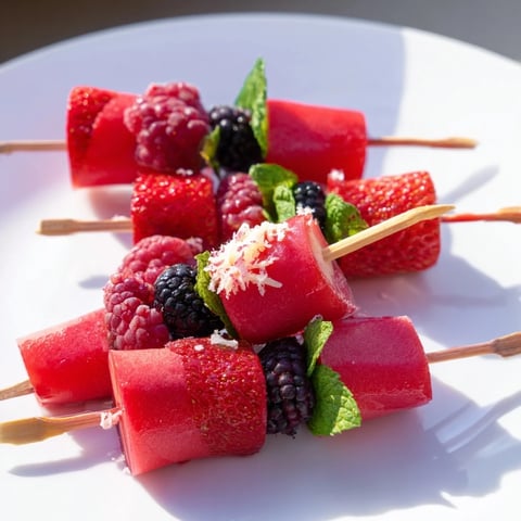 Vibrant fruit skewers with fresh berries and mint, a colorful and refreshing dessert.