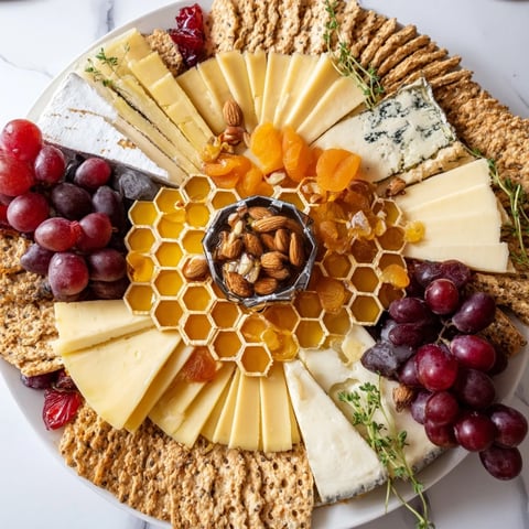 Image of the Gilded Hive appetizer: A hexagon-shaped cheese and cracker board with a beautiful honeycomb.