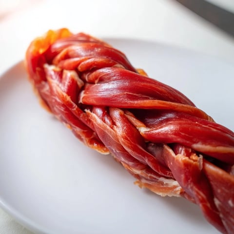 Braided The Nautical Knot appetizer, glistening with prosciutto and string cheese, ready to eat.
