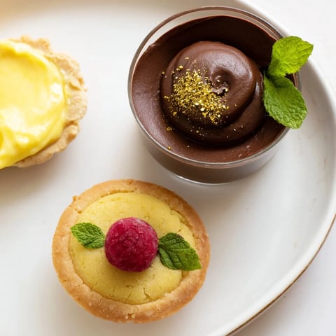 Assiette de Desserts Starry Delight showcasing tiny tartlets, rich chocolate mousse, and raspberry financiers, ready to enjoy.