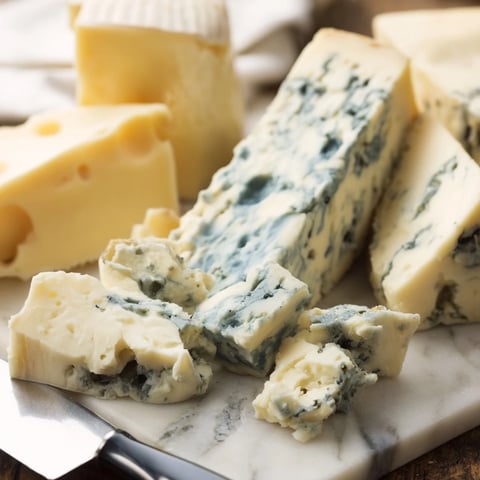 Un plateau de "The Marble Quarry" avec du fromage bleu irrégulier et du cheddar blanc frais.