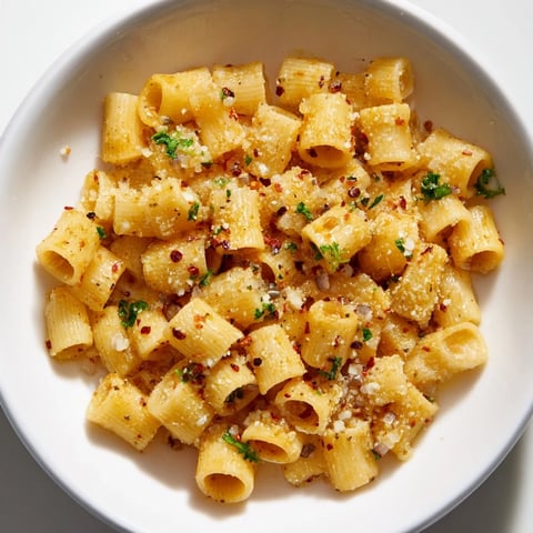 A steamy bowl of one-pot garlic butter ditalini pasta, ready to be served with fresh parsley.