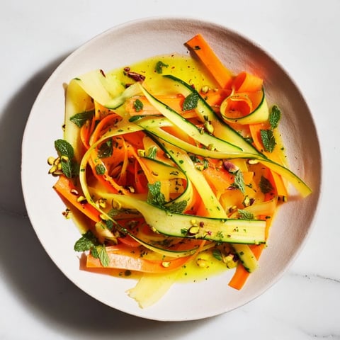 Citrus Carrot Ribbon Salad with bright citrus slices and scattered fresh herbs, a light, colorful side.