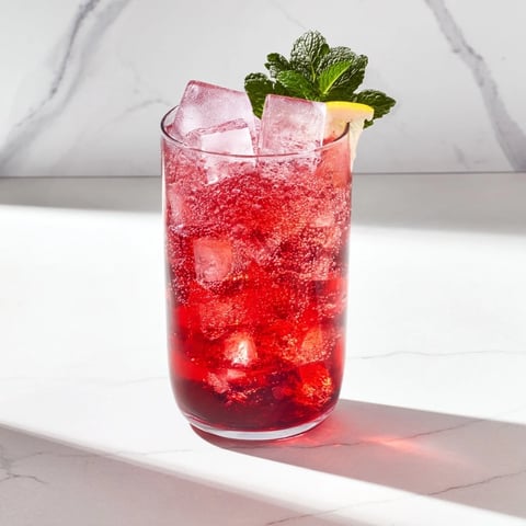 Sleepy Girl Cherry Mocktail in a tall glass, garnished with lemon and mint, perfect for relaxing.